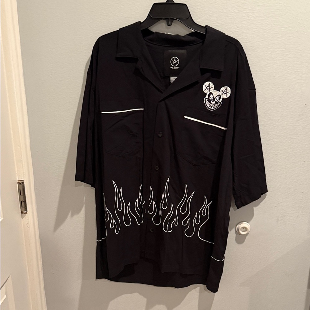 Men's Black Button-Down Shirt with Flame and Skull Design